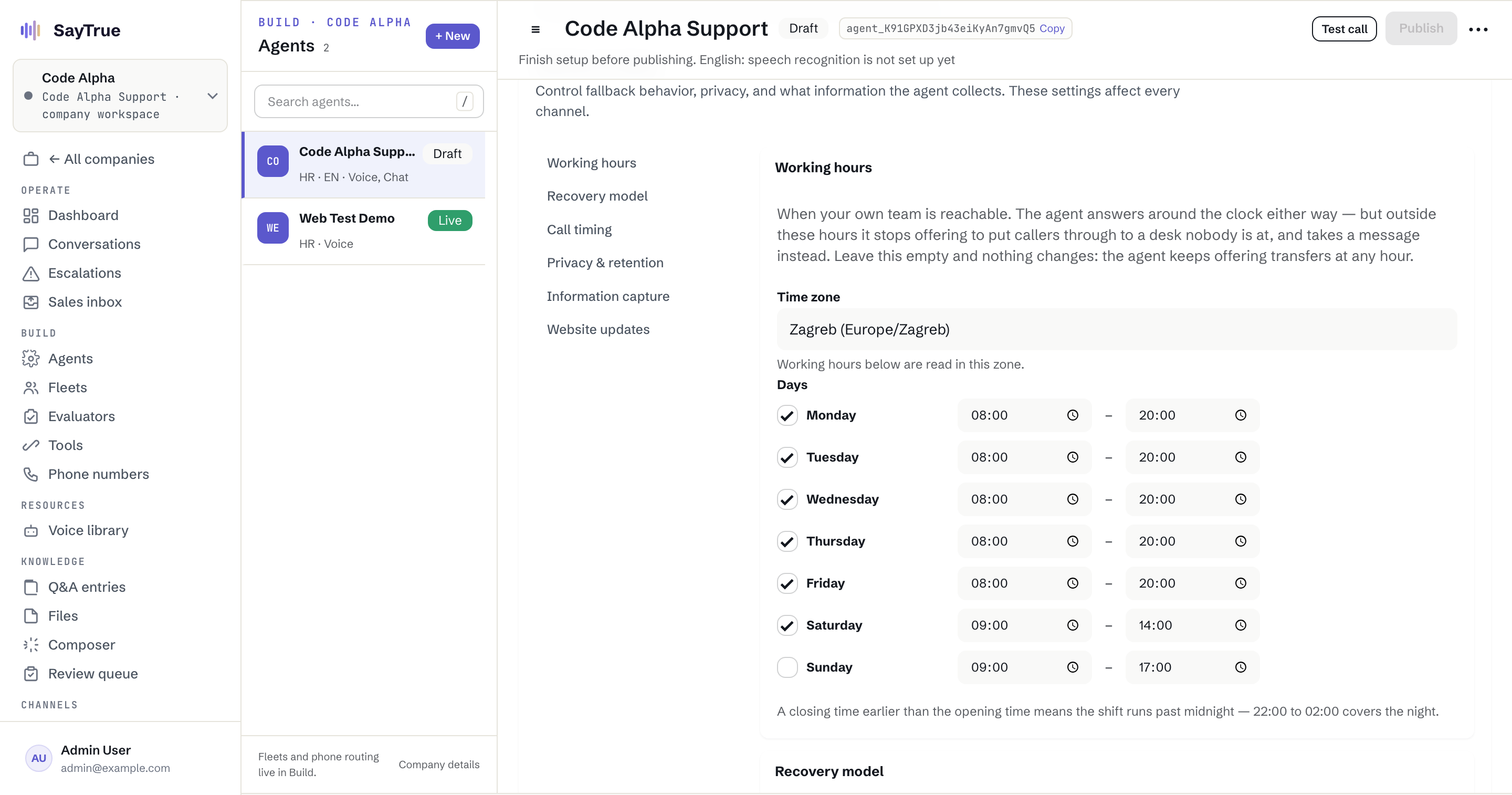 The Code Alpha working-hours form populated from Monday through Saturday in the Europe Zagreb timezone.