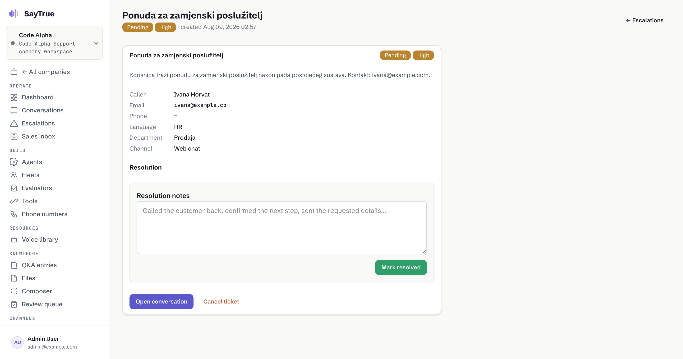A Code Alpha sales ticket created from an escalated server-support conversation, with its contact and department.