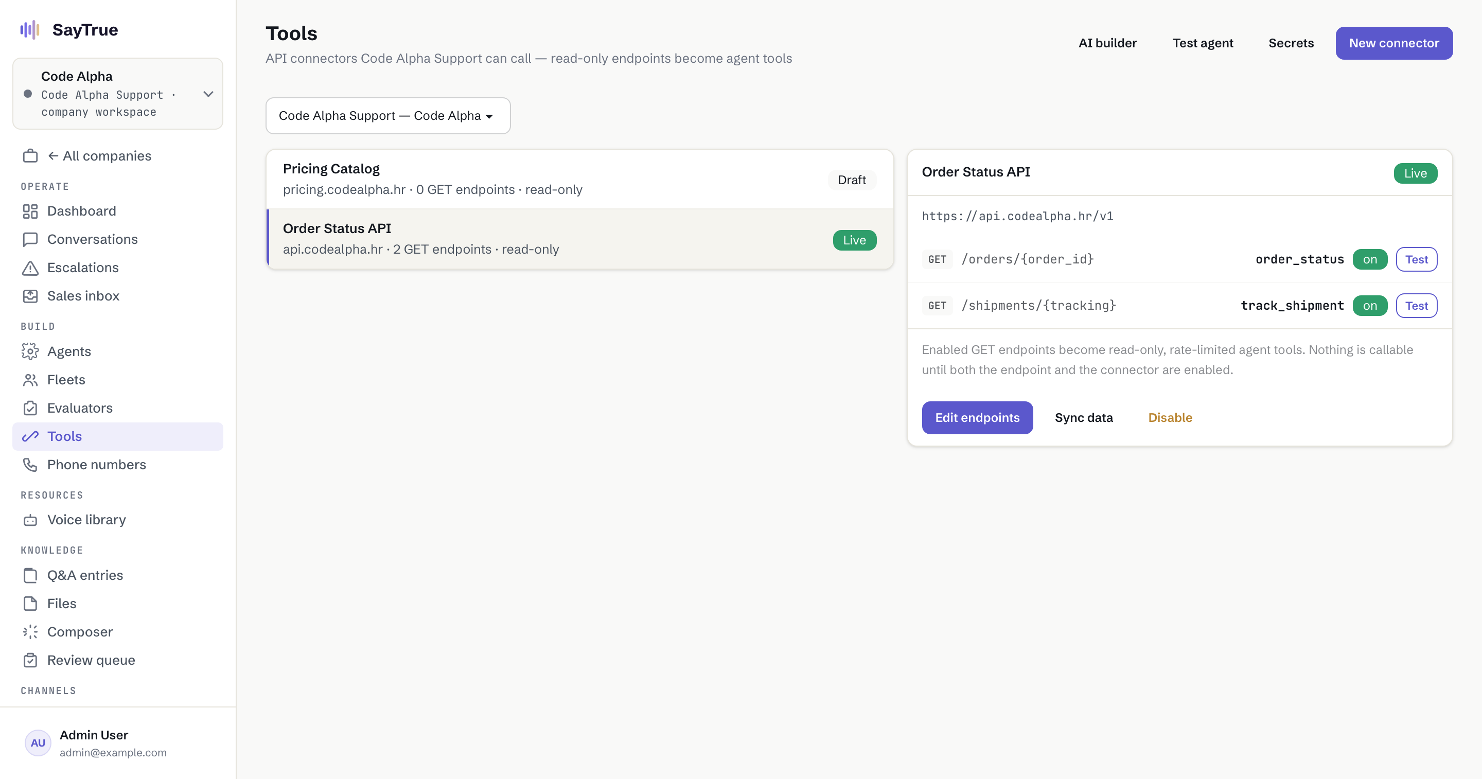 The Code Alpha tools screen showing Order Status enabled and Pricing Catalog disabled.