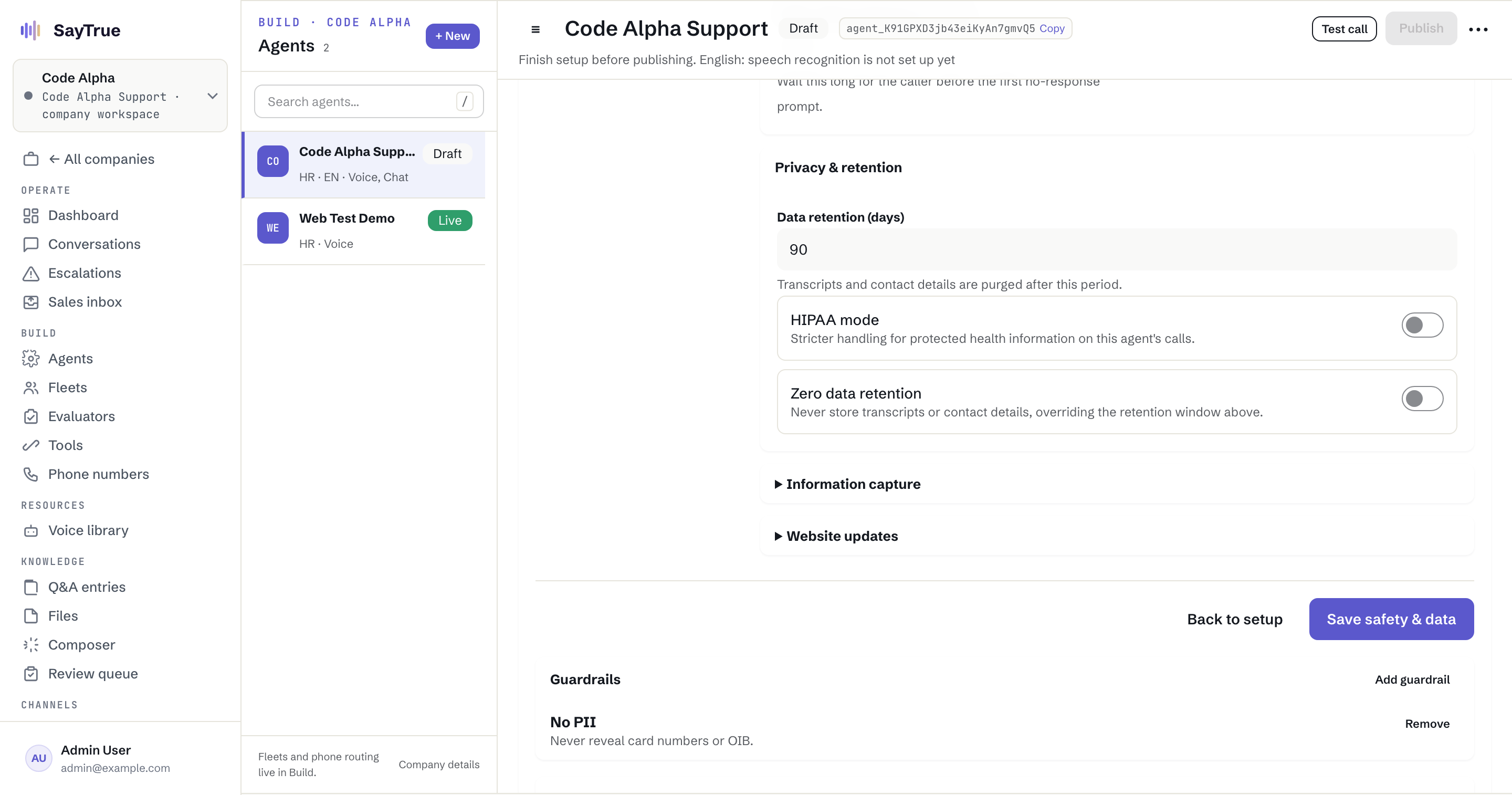 The Code Alpha privacy and retention controls showing the configured transcript retention period.