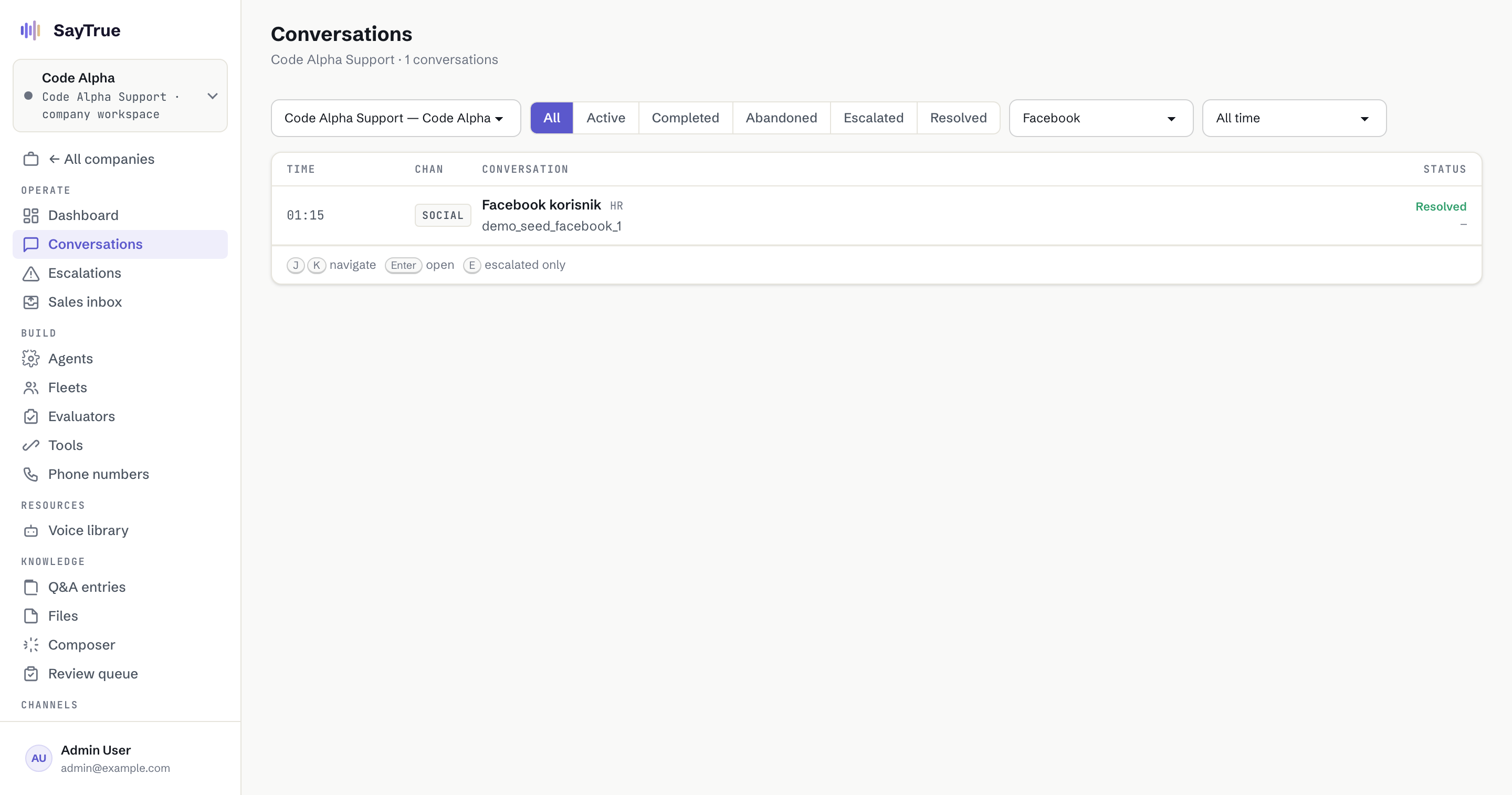 The Code Alpha conversations list filtered to a resolved Facebook support thread.
