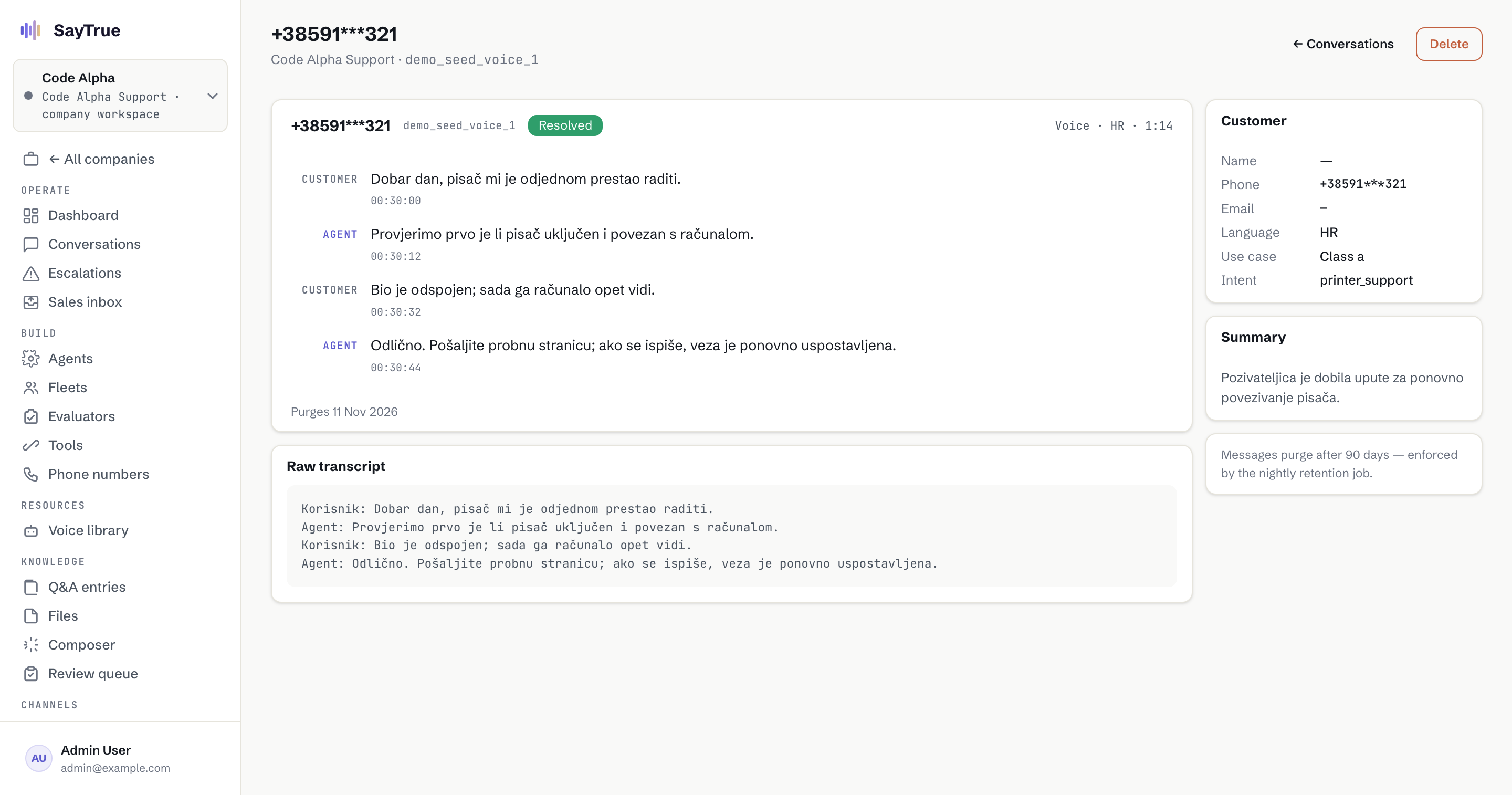 A hotel guest call with transcript and grounded answer in the SayTrue console
