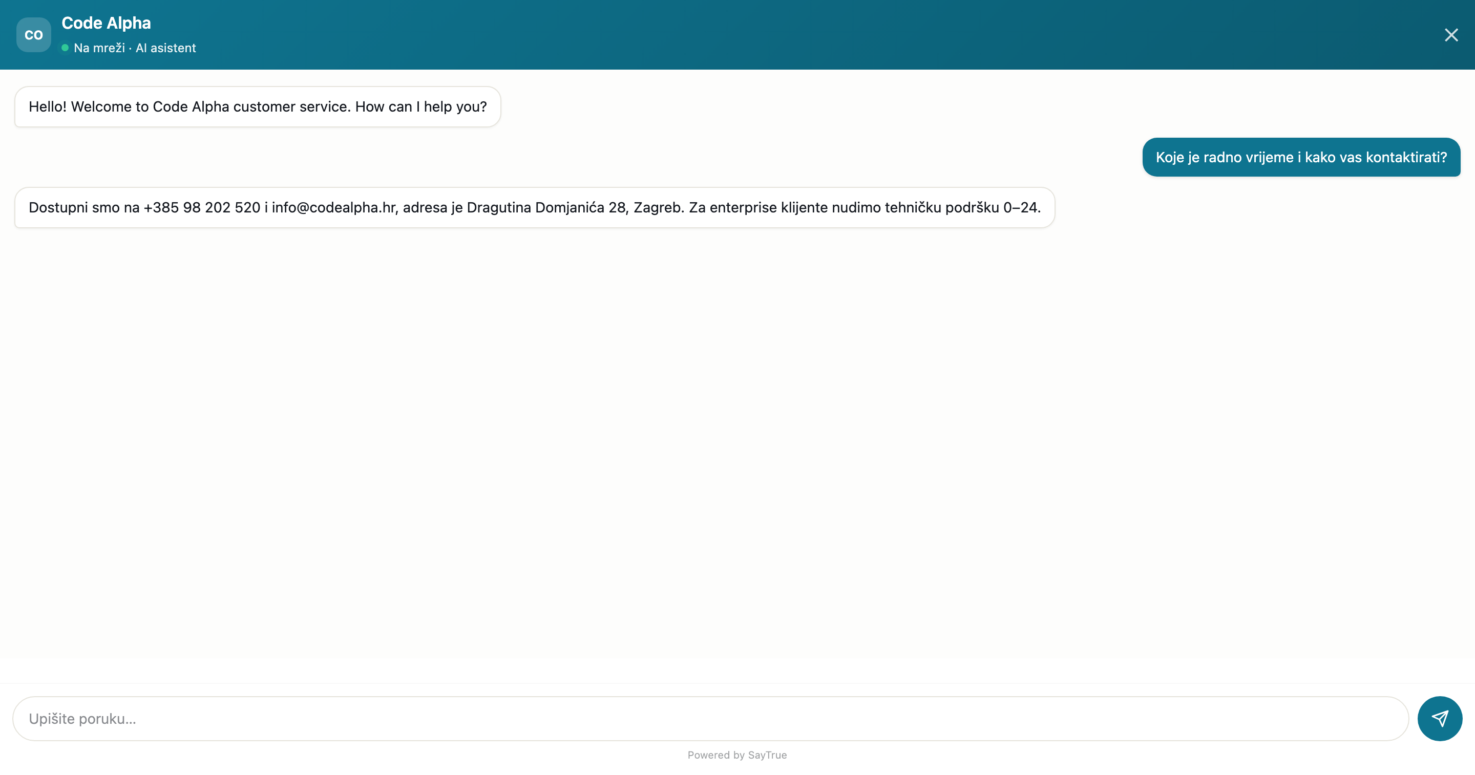 The Code Alpha web chat widget showing a Croatian working-hours question and its approved answer.